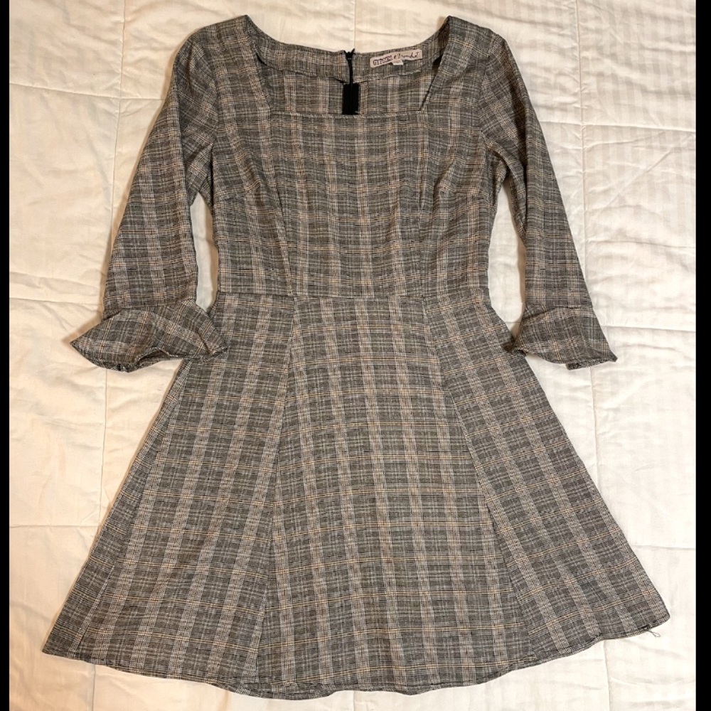 Gypsies Moondust Plaid Mini Dress Womens Sz M Fit Flare 3/4 Length Bell Sleeve